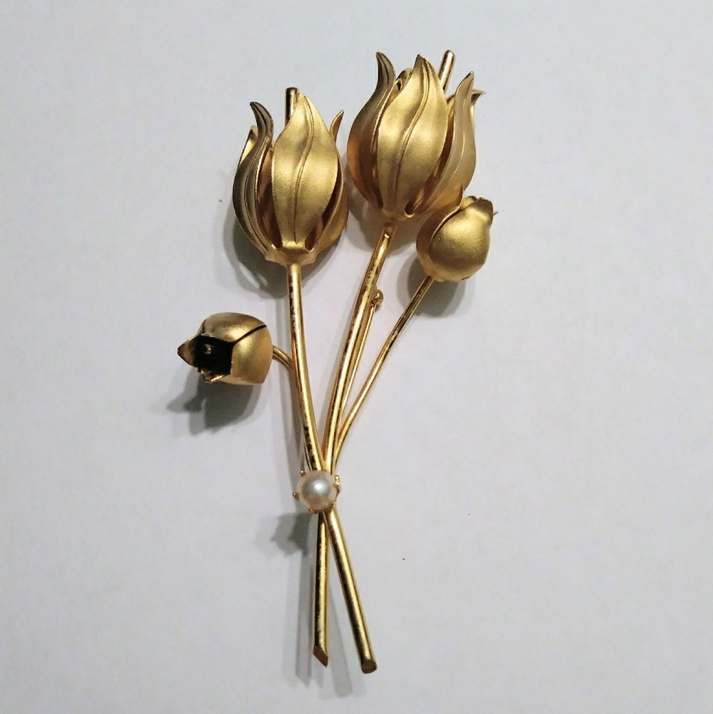 Vintage Tulips & Pearl Pin Brooch